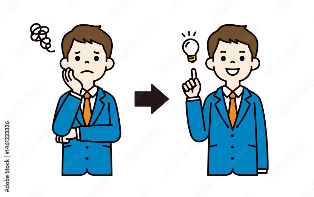 考える表情と閃いた表情の、若いビジネスマンのベクターイラスト素材_線幅の編集可能_カラー 考える表情と閃いた表情の、若いビジネスマンのベクターイラスト素材_線幅の編集可能_カラー