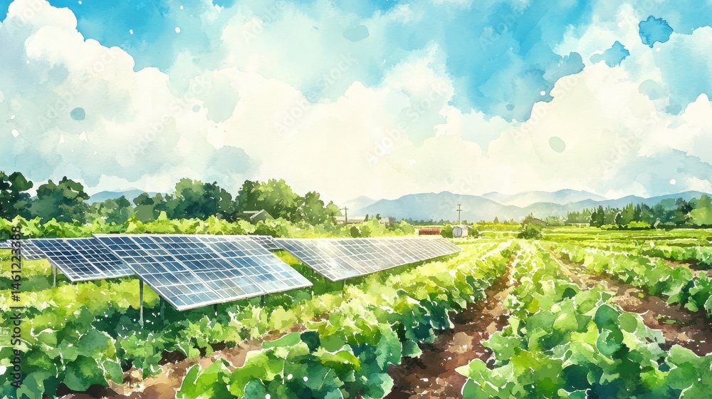 Solar panels in a lush green field under a bright sky, symbolizing sustainable energy and agriculture.