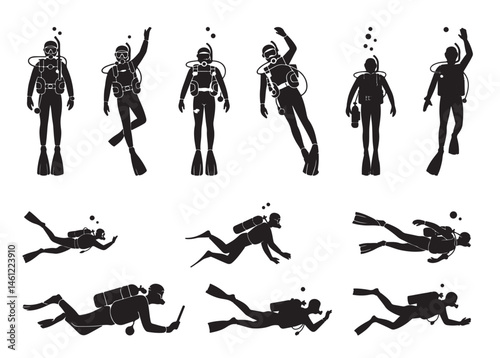 Set of scuba diver silhouettes in various underwater poses, isolated black vector on white background