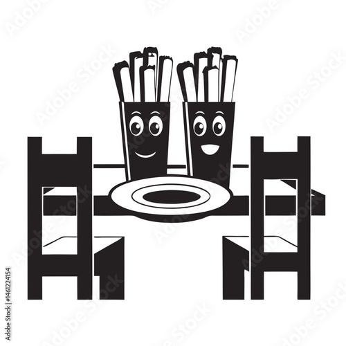 Happy French Fries Characters Sitting at a Table with Smiling Faces for Restaurant Menus, Food Blogs, Children's Content, and Creative Culinary Illustrations  