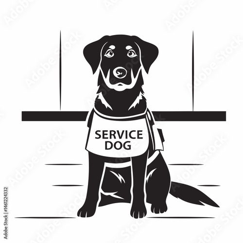 Service Dog  with Harness and "Service Dog" Label for Awareness Campaigns, Educational Materials, Support Resources, and Social Media Posts  