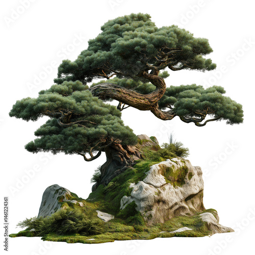 bonsai tree in traditional Japanese style, moss base, ultra detailed, photorealistic, isolated no background