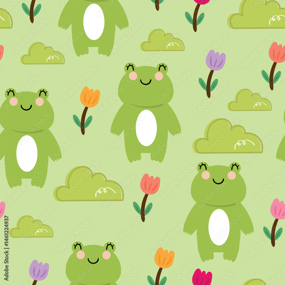 Obraz premium Seamless pattern cute cartoon frog with tulips flowers and leaves. cute animal pattern for wallpaper and background