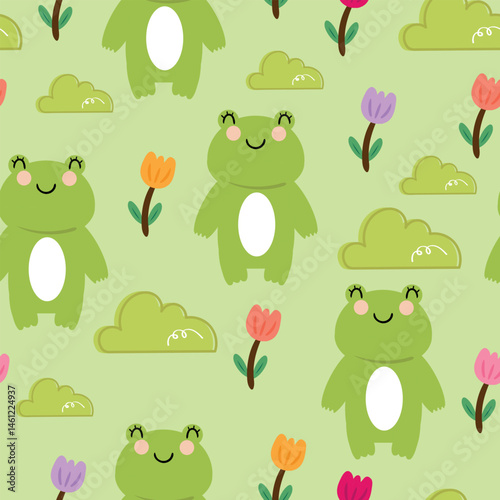 Seamless pattern cute cartoon frog with tulips flowers and leaves. cute animal pattern for wallpaper and background