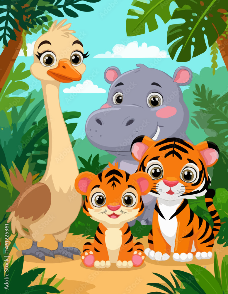 Fototapeta premium Colorful cartoon animals posing in a vibrant jungle background 