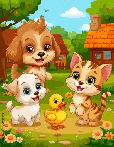 Cute animals playing happily in a colorful garden  