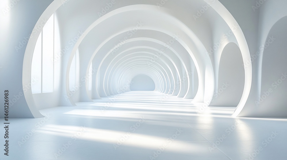 Naklejka premium Modern Architecture with White Arched Passages and Natural Sunlight Creates a Serene Ambiance