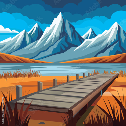 Peaceful mountain lake dock scene.