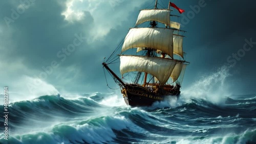 Majestic sailing ship navigating rough seas and stormy weather in the ocean
