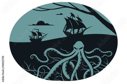 36 Circular composition, silhouettes of ships at sea, teal sky, dark water, underwater tentacles, surreal underwater roots, eerie atmosphere, contrast between above and below, mysterious ocean depths,