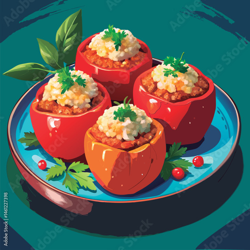Vector illustration of a Stuffed Peppers Delightfully Served.