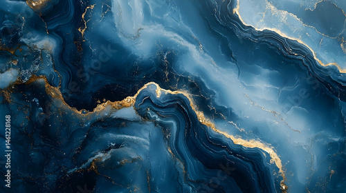 Abstract marble design with deep blue and gold veins.