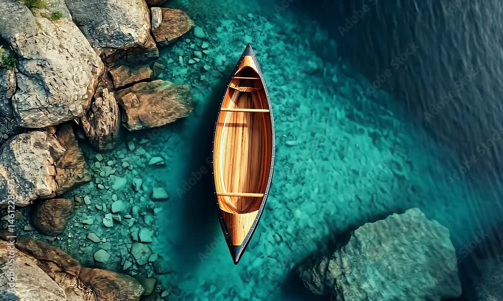 Wooden canoe floats on a clear turquoise water, capturing a peaceful and relaxing summer adventure in nature. Wooden canoe floats on a clear turquoise water, capturing a peaceful and relaxing summer adventure in nature.