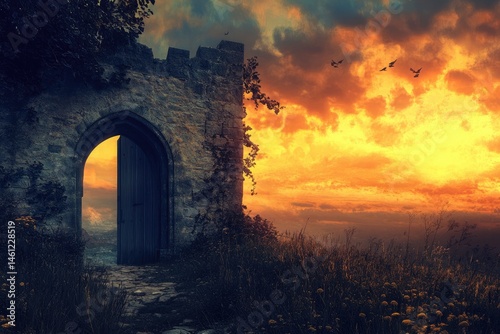 A weathered stone gate, open to a fiery sunset. Lush landscape surrounding it