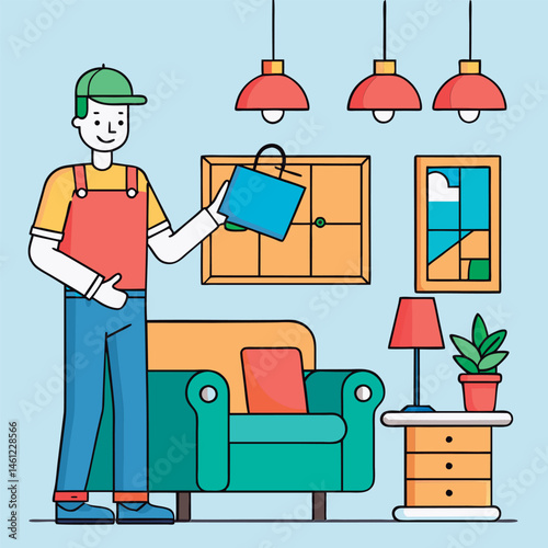 Delivery person holding a shopping bag in a cozy living room.