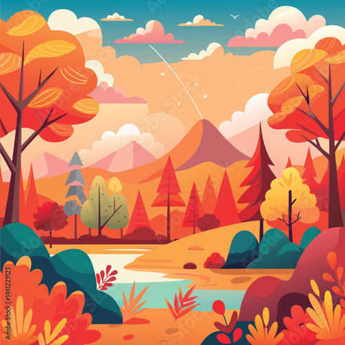 Autumnal landscape by a river.