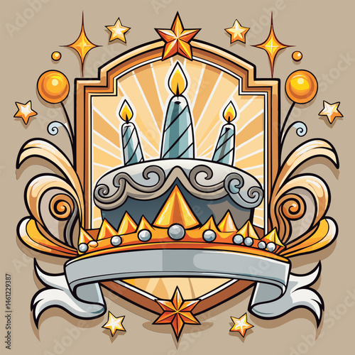 Birthday emblem with ornate cake and crown.