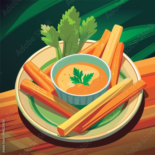 Appetizing vegetable sticks with dip.