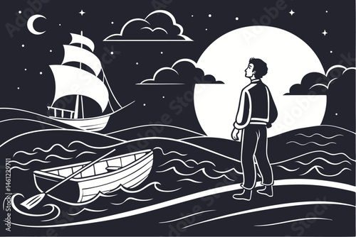 37 Silhouette illustration, nautical scene, man standing on water, small boat, large ship, stylized waves, night sky, stars, clouds, moonlight, minimalist design, monochromatic, dark background, white