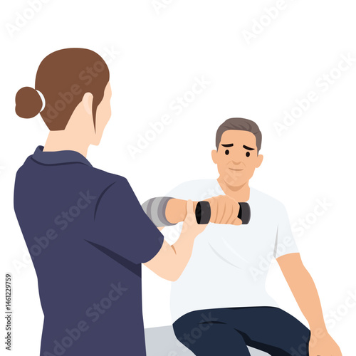 Therapist supports an older man's arm while he performs a rehabilitation exercise using a dumbbell. Flat vector illustration isolated on white background