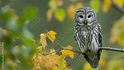 Grey owl perched on branch in autumn foliage.