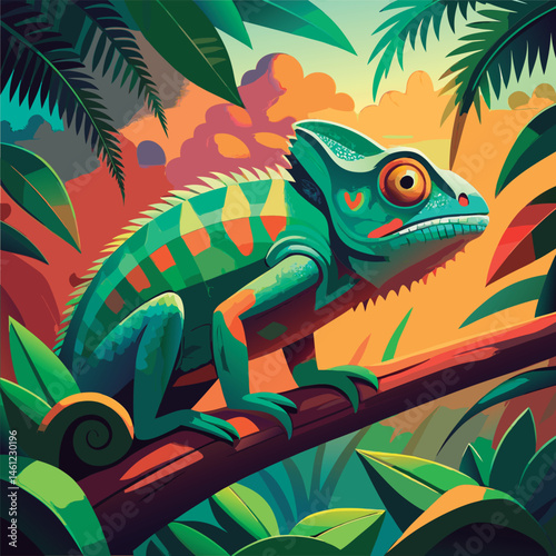 Colorful chameleon in a lush jungle.