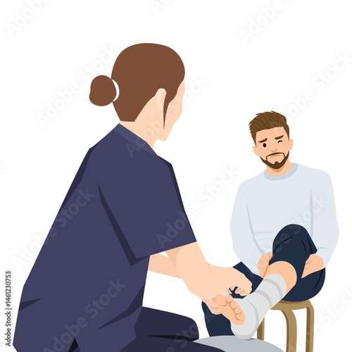 Healthcare professional is examining and supporting a man's injured ankle, injury recovery. Flat vector illustration isolated on white background