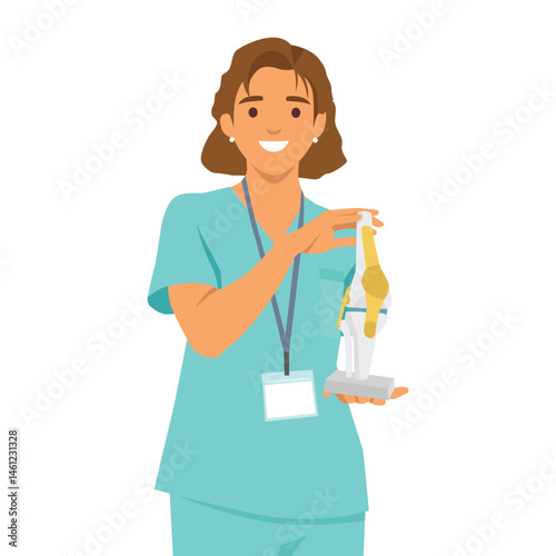Nurse in scrubs is holding and explaining a human knee joint anatomical model. Flat vector illustration isolated on white background