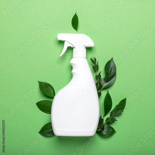 A sleek white spray bottle adorned with vibrant green leaf patterns, showcasing a fresh and eco-friendly design, perfect for natural cleaning products.