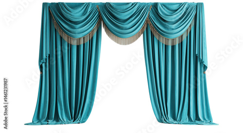 Png of Elegant turquoise curtain with draped fabric and fringe, perfect for theatrical or event settings.