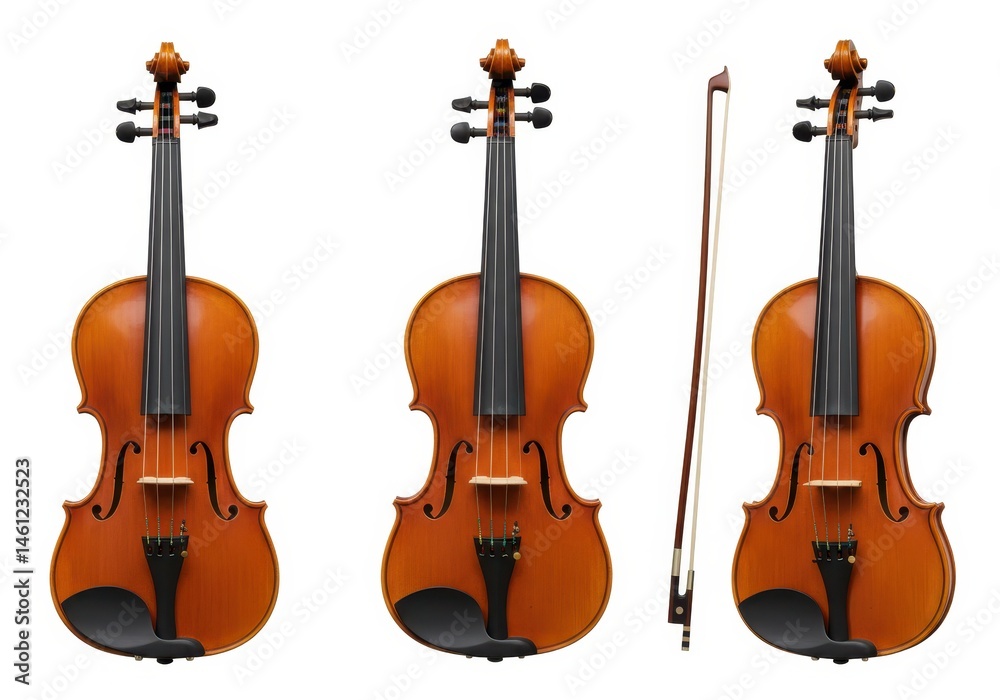Naklejka premium Three violins with a bow on a white background in a studio setting for musical use