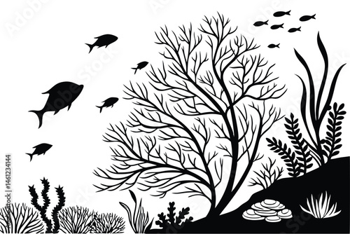 39 Black and white underwater scene, coral reef silhouettes, tropical fish outlines, sea plants, branching coral structures, marine life shadows, aquarium aesthetic, monochrome ocean floor, detailed s