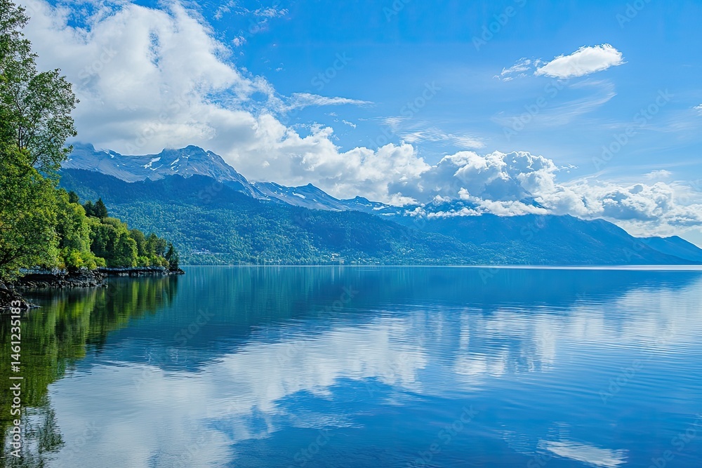 Serene lake reflected sky, mountains, and clouds Serene lake reflected sky, mountains, and clouds
