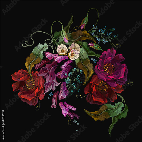 Embroidery. Bouquet of flowers. Red roses seamless pattern vector. Summer and spring garden floral art. Fashionable template for clothes