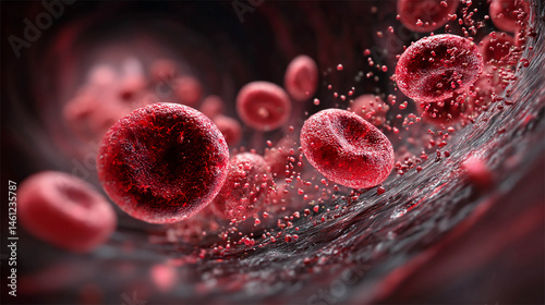 Close-up of red blood cells circulating in a blood vessel.