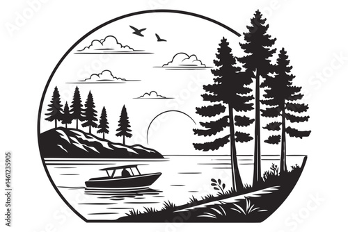 40 black and white illustration, circular composition, lakeside scene, silhouette art, pine trees, motorboat, calm water, sun, clouds, minimalist design, woodcut style, high contrast, tranquil atmosph