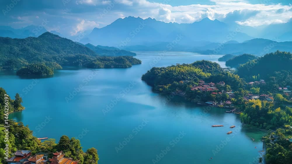Beautiful lake with mountains in the background. The lake is surrounded by trees and houses. The water is calm and clear Beautiful lake with mountains in the background. The lake is surrounded by trees and houses. The water is calm and clear