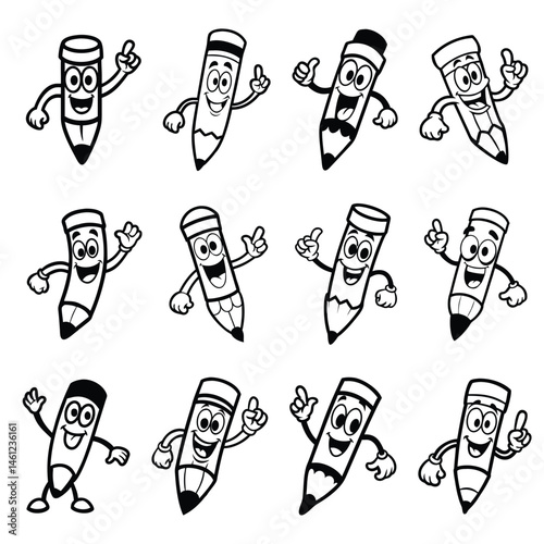 Pencil vector cartoon mascot. cute pencil mascot set, funny mascot set.