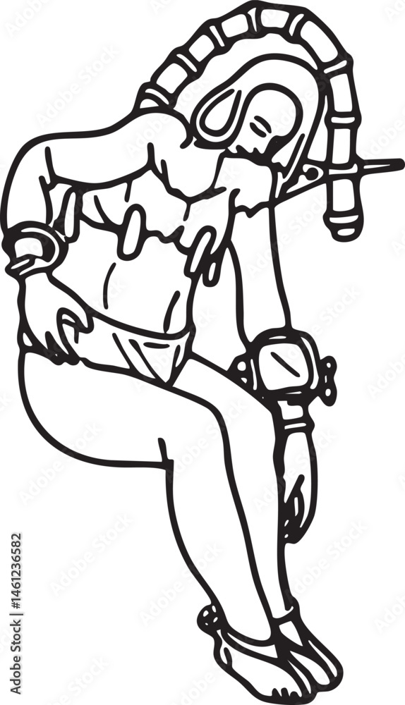 Fototapeta premium A woman sits slumped against a wall holding a wristwatch.