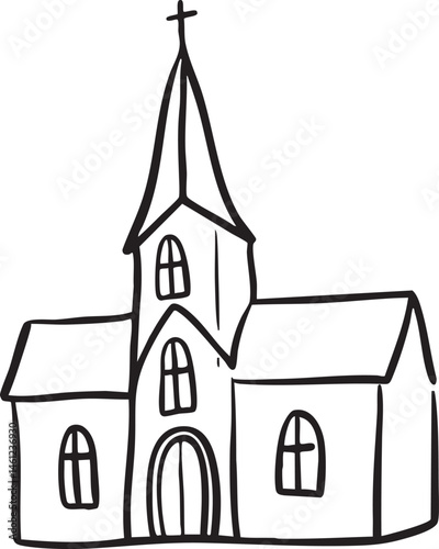 A simple black and white of a church building.