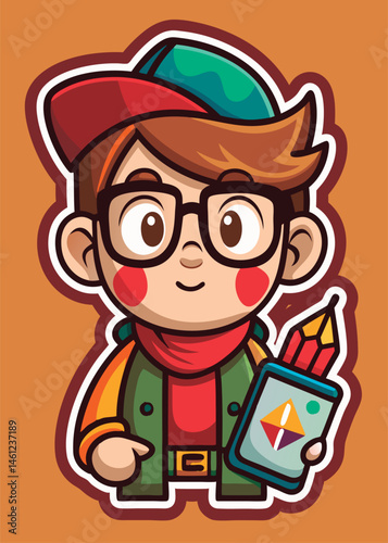 Cute cartoon artist holding design tools.