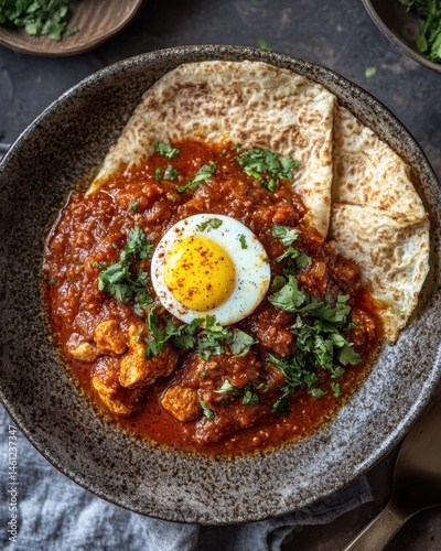 Ethiopian Doro Wat Chicken Stew with Boiled Egg on Injera photo