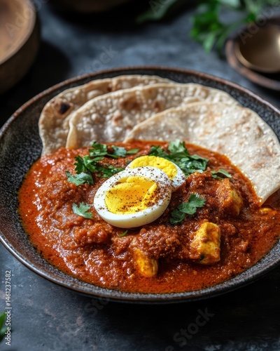 Ethiopian Doro Wat Chicken Stew with Boiled Egg on Injera photo