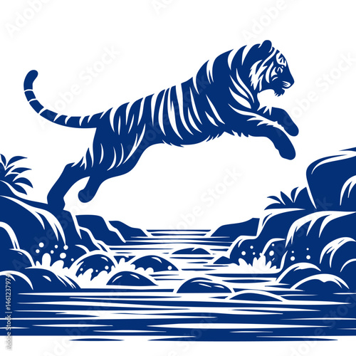 Majestic Tiger Leaping over Water: A Powerful Wildlife Scene