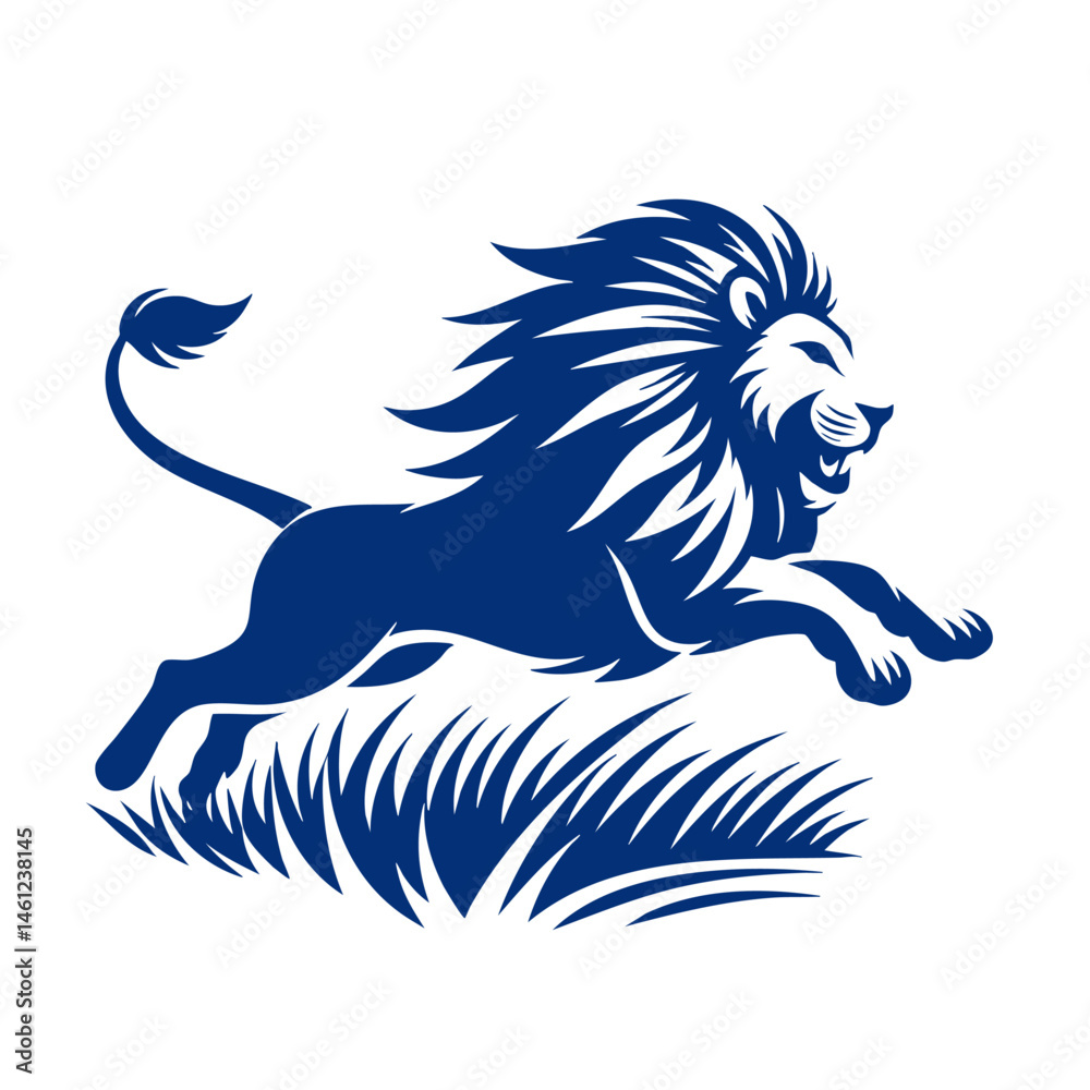 Fototapeta premium Majestic Lion Leaping Through Grass: A Powerful Wildlife Image
