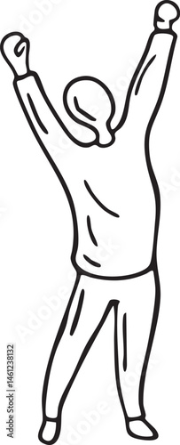 A person raises their arms in a triumphant gesture.