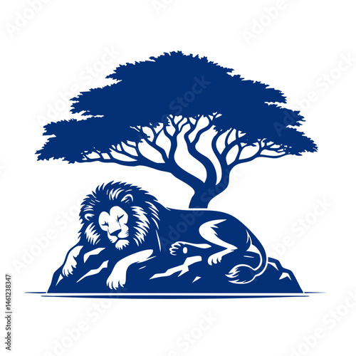 Majestic Lion Resting Under an Acacia Tree in the African Savanna