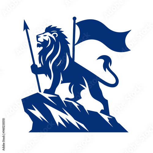 Majestic Lion with Flag on a Mountain Peak: A Symbol of Power and Victory