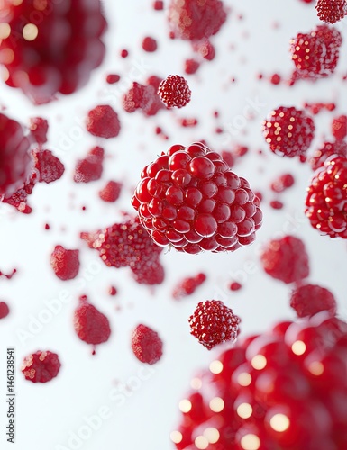 Vibrant red raspberries in mid-air, a dynamic visual of the fruit