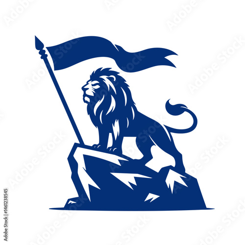 Majestic Lion on a Mountain Peak Holding a Flag: A Symbol of Strength and Victory